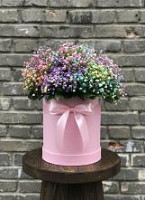 Цветочная композиция из Гипсофила и Розы в шляпной коробке в Троицком Омской области