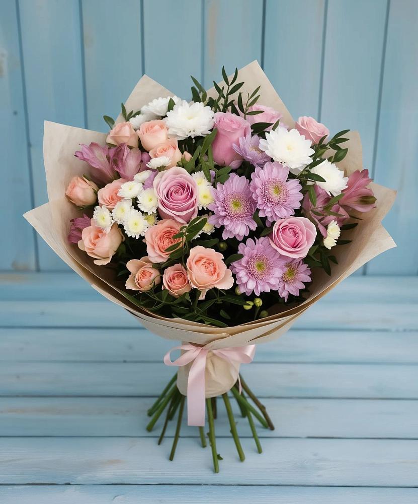 Букет цветов из: Хризантемы, Розы и Альстромерии в Троицком Омской области