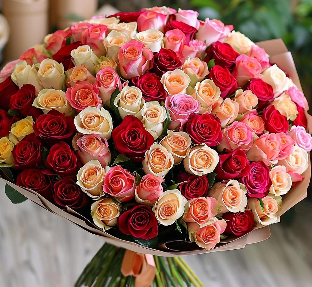 Букет 101 Разноцветная роза в Троицком Омской области